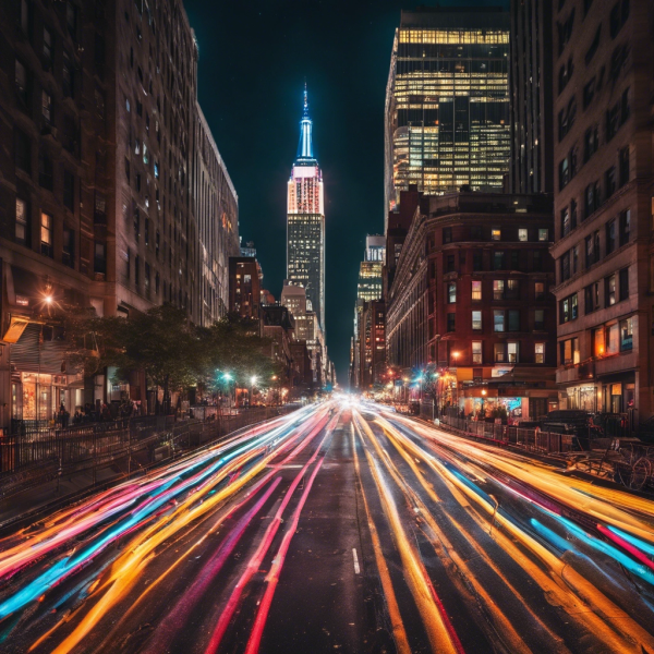 A vibrant nighttime cityscape of New York City, captured from street level with colorful light trails streaking across the busy streets, in 4k.